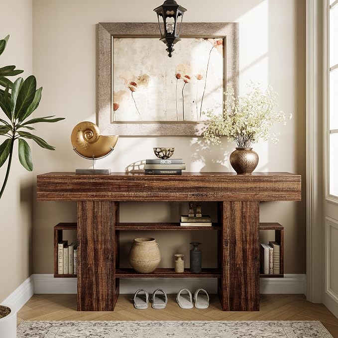 Einhomn 63 Inches Entryway Table, Wooden Console Table with Storage, Narrow Sofa Table Behind Couch, Farmhouse Long Entry Hallway Tables for Entrance, Foyer, Living Room, Rustic Brown