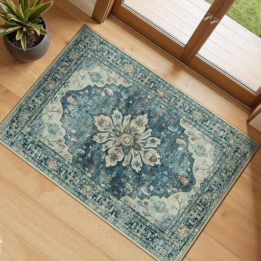 RELEANY Area Rugs Small 2'x3' Washable Non-Slip, Floral Vintage Distress Medallion Carpet for Kitchen Entryway Bathroom, Dark Blue Vintage