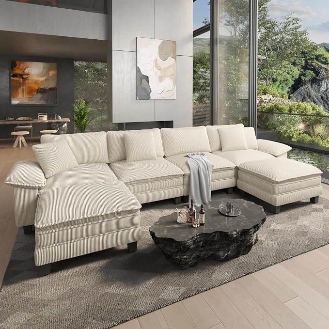 HERA'S HOUSE 158" Oversized Modular Sectional Sofa, Comfy U Shaped Couches for Living Room, Cloud Couch with Ottoman, 6-Seater Deep Seat Sofa with Throw Pillow, Corduroy Beige