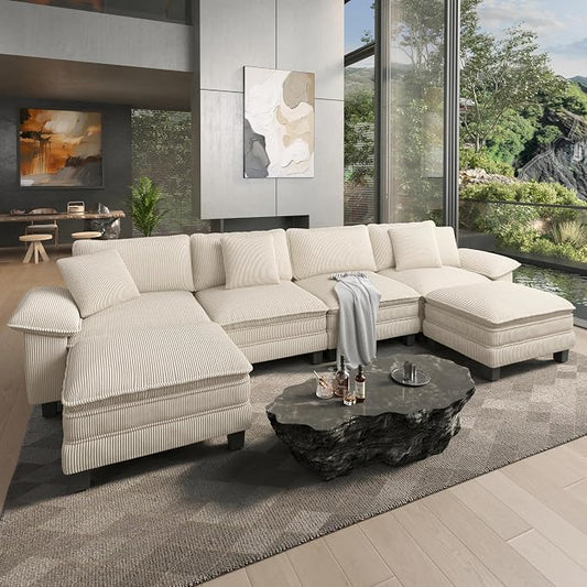 HERA'S HOUSE 158" Oversized Modular Sectional Sofa, Comfy U Shaped Couches for Living Room, Cloud Couch with Ottoman, 6-Seater Deep Seat Sofa with Throw Pillow, Corduroy Beige