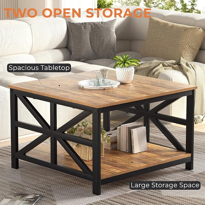 GreenForest Rustic Living Room Coffee Table with 2 Tier Storage | X Metal Frame Square Center Table with Seamless One-Piece Tabletop,27.55 inch Sofa Table,Scratch-resistant,Walnut