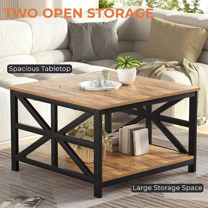 GreenForest Rustic Living Room Coffee Table with 2 Tier Storage | X Metal Frame Square Center Table with Seamless One-Piece Tabletop,27.55 inch Sofa Table,Scratch-resistant,Walnut