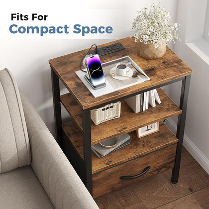 DUMOS 3-Tier Storage, Bed Side Tables with Wireless Charging Station, End Tables with Adjustable Fabric Drawers, Nightstand Set of 2, Modern Design, Brown