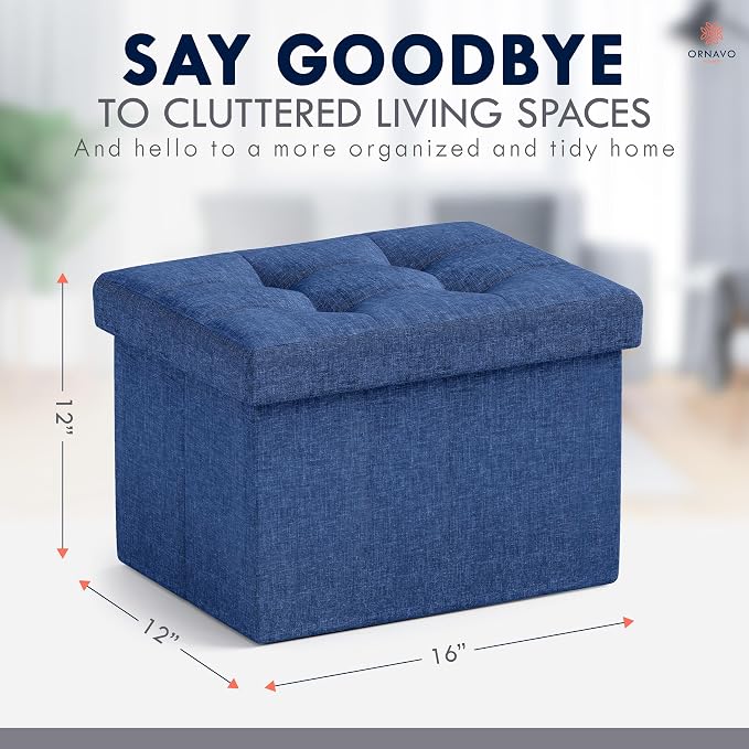 Ornavo Home Small Storage Ottoman Foldable Collapsible Rectangle Linen Ottoman Foot Rest Stool Seat, for Living Room, Bedroom, Home Office, Dorm - 12 x 16 x 12, Navy Blue
