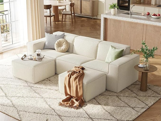 LINSY HOME Oversized Modular Sectional Sofa, 105" Cloud Couch L Shaped 3-Seat Sofa with 2 Movable Ottomans, Corduroy Sectional Couches for Living Room, No Assembly Required, Beige