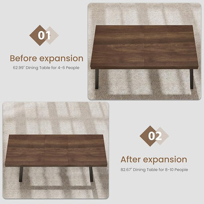 GarveeHome 63-83" Extendable Dining Table, Industrial Rectangular Dining Room Table for 6-8 People, Expandable Kitchen Table with Heavy Duty Metal Frame for Dining Room, Kitchen & Parties, Brown
