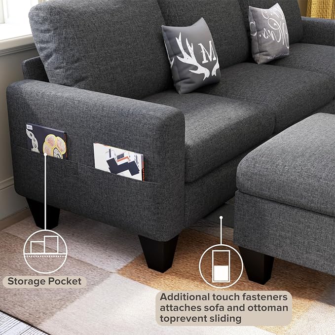 78" Sectional Sofa Couches for Living Room, Dark Grey L Shaped Couch with Storage Ottoman, Deep Seat Pet-Friendly Linen Fabric Sofa Set for Small Space, Apartment, Dorm
