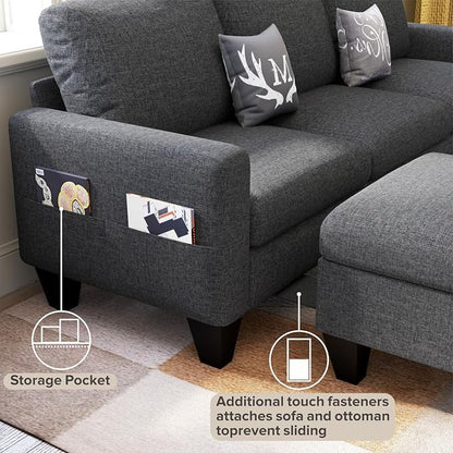 78" Sectional Sofa Couches for Living Room, Dark Grey L Shaped Couch with Storage Ottoman, Deep Seat Pet-Friendly Linen Fabric Sofa Set for Small Space, Apartment, Dorm