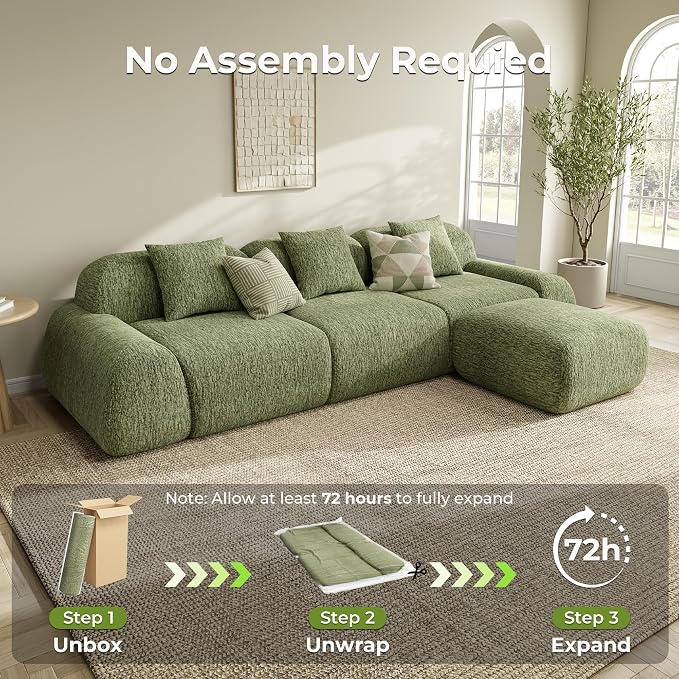 LIKIMIO LumiPebble Modular Sectional Sofa with Ottoman, 110" L-Shaped Boneless Couch for Living Room, Deep Seat with LuxeChenille Upholstery, No Assembly Required, Olive Green