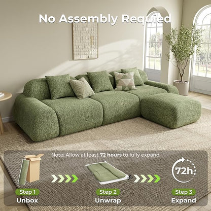 LIKIMIO LumiPebble Modular Sectional Sofa with Ottoman, 110" L-Shaped Boneless Couch for Living Room, Deep Seat with LuxeChenille Upholstery, No Assembly Required, Olive Green