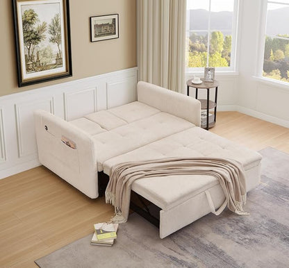 57.48" Convertible Sofa Bed with Cup Holder, Pull Out Sleeper Sofa Bed with USB Charging Ports, 3 in 1 Convertible Sleeper Sofa Bed for Living Room, Apartment, Bedroom, RV, Beige