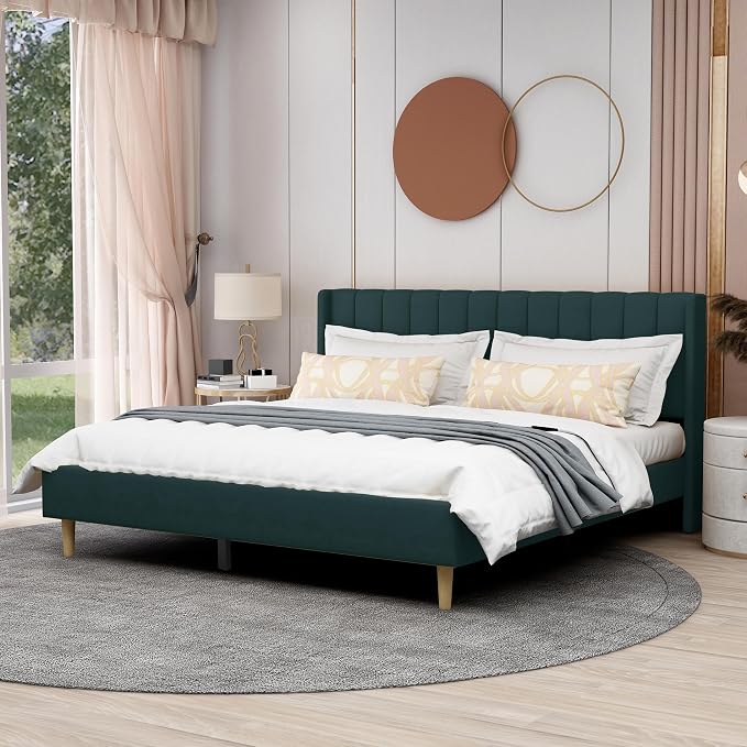 AGARTT Upholstered Platform Bed Frame King Size with Headboard and Footboard/Wooden Slats Support/No Box Spring Needed/Easy Assembly,Ink Green Velvet
