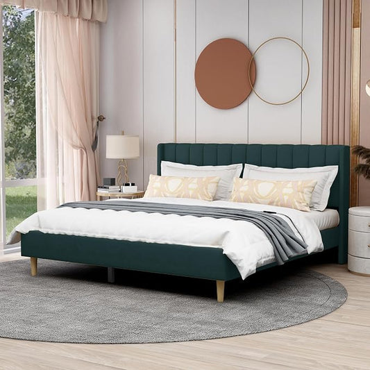AGARTT Upholstered Platform Bed Frame King Size with Headboard and Footboard/Wooden Slats Support/No Box Spring Needed/Easy Assembly,Ink Green Velvet