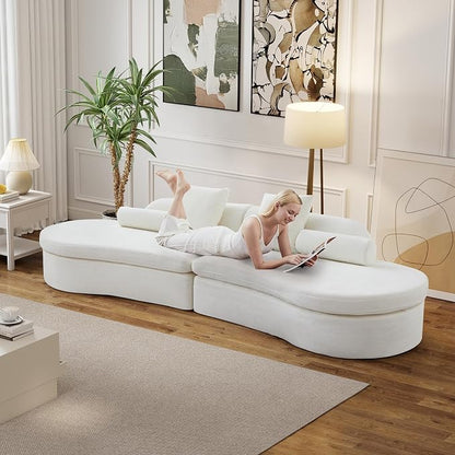 126" Curved Modular Sectional Sofa, Chenille Upholstered Cloud 4 Seater Couch for Living Room, No Assembly Modern Love Seat Sofa with 2 Bolster Pillows & 2 Square Pillows, High-Density Foam, White