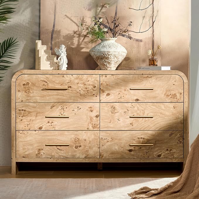 Curved 6-Drawer Dresser for Bedroom, 54" Wide Modern Chest of Drawers, Vanity Desk TV Stand for Living Room, Closet Storage Drawers Organizer Furniture, Nursery, Light Burl