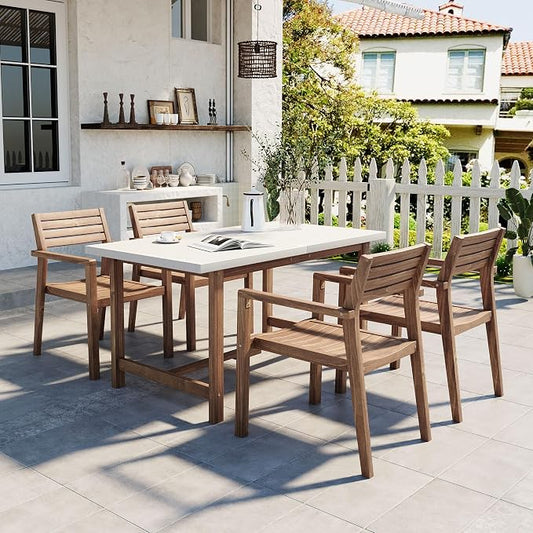 Quarte 5-Piece Outdoor Acacia Wood Dining Set, 59.06-Inch Rectangular Table with Umbrella Hole & 4 Chairs,Patio/Garden/Poolside Furniture for Family Gatherings (Light Brown,Light Gray)