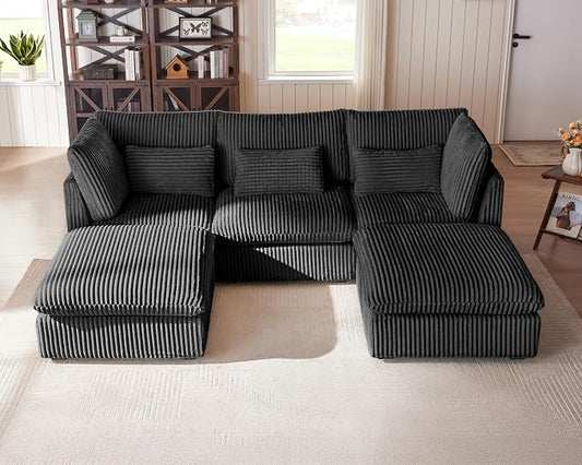 115" Oversized Corduroy Couch Modular Sectional Sofa, Washable Cloud Couch Sectional with 2 Ottoman, 5 Seater Sectional Couches for Living Room, Fully Cover Removable, U Shaped, Corduroy, Black