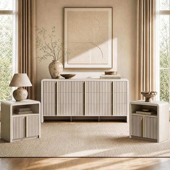 ModernMate Fluted 9 Drawer Dresser for Bedroom, 64.2" Wide White Chest of Drawers, Modern Wood Storage Cabinet with Metal Handles, Anti-Tip Clothes Organizer, White Alder