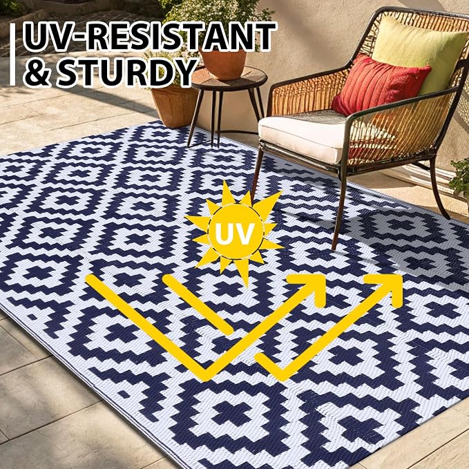 Smiry Waterproof Outdoor Rug 9X18 ft, Reversible Plastic Straw Patio Camping Rugs, Outdoor Indoor RV Mat Carpet for Patio, Outside Entry, Backyard, Deck, Bench, Picnic, Camper, White & Navy