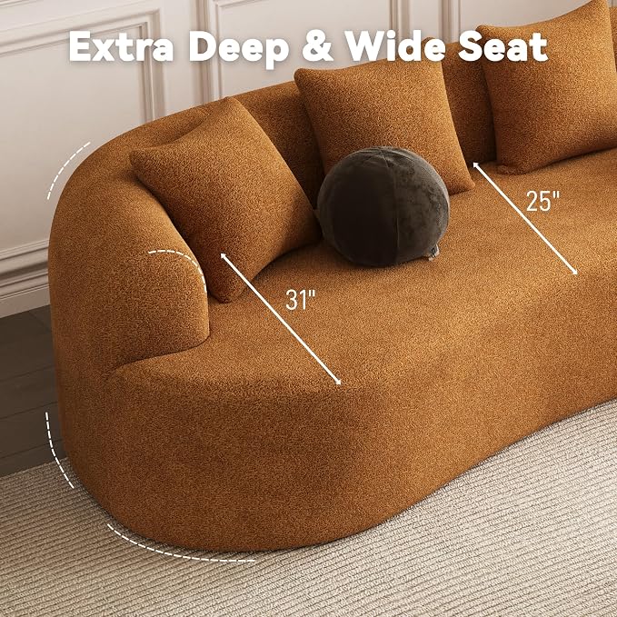 114" Curved Sofa for Living Room, Modern Chenille Cloud Couch Sofa, Luxury Plush Extra Deep 4-Seater Oversized Boucle Couch for Small Spaces, Apartment‌, No Assembly Required, Orange