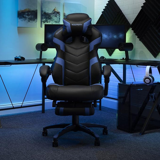 RESPAWN 110 Pro Ergonomic Gaming Chair with Footrest for Adults - Comfortable Office Gaming Recliner with Lumbar Support and Headrest, Racing Style Video Game Chairs for Computer Gamer - Blue
