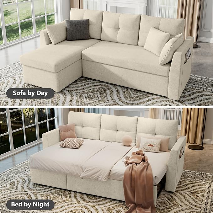 Huatean Home Sleeper Sofa Couch, 2 in 1 Pullout Couch Bed with Storage Chaise, Sectional Sleeper Sofa Bed with Side Pocket for Living Room, Beige