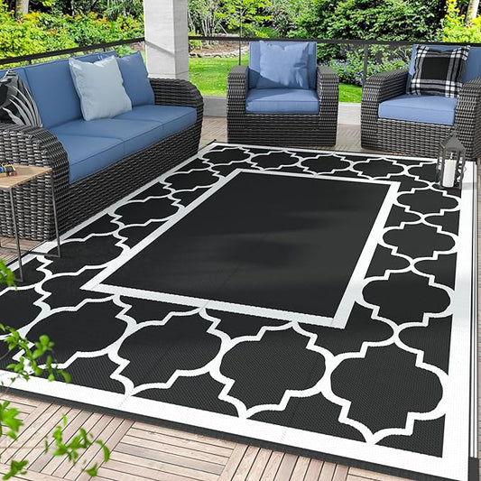 GENIMO 9 ' x 12 ' Outdoor Rug for Patio Clearance, Waterproof Indoor Outdoor Plastic Straw Rugs Carpet, Reversible Outside Area Rv Mat for Camping, Balcony Porch, Deck, Picnic, Beach (Black & White)