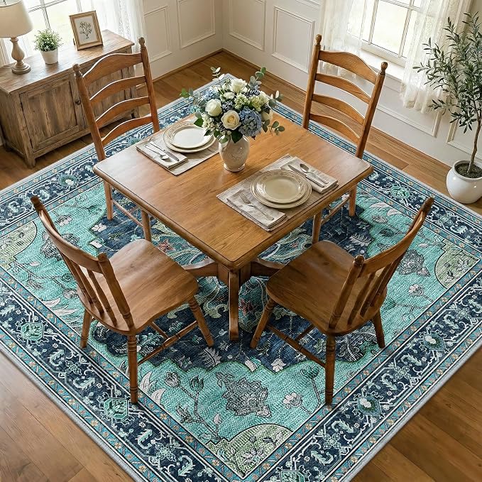 RELEANY Area Rugs Square 8ft Washable Non-Slip, Floral Vintage Distress Medallion Carpet for Living Room Bedroom Dining Room, Teal Green Lake Blue Turquoise