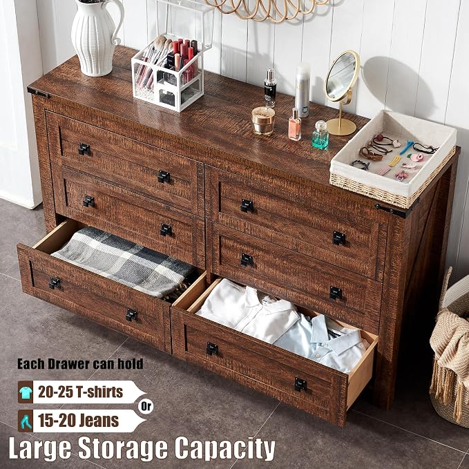 T4TREAM 54" Wide Farmhouse 6-Drawer Dresser for Bedroom, Reclaimed Barnwood | Rustic, Wood Storage Cabinet, Metal Handle, Unique Corner Accent, Bedroom, Living Room, Hallway