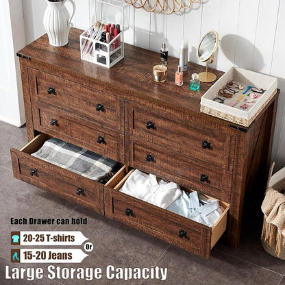 T4TREAM 54" Wide Farmhouse 6-Drawer Dresser for Bedroom, Reclaimed Barnwood | Rustic, Wood Storage Cabinet, Metal Handle, Unique Corner Accent, Bedroom, Living Room, Hallway