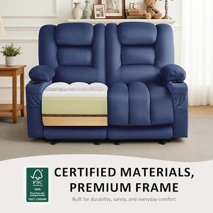 MCombo 55.9" Zero Gravity Power Loveseat Recliner with Heat and Vibration Massage, Reclining Loveseat Sofa with USB Ports, Cup Holders for Living Room, Fabric PR648SET (Navy Blue)