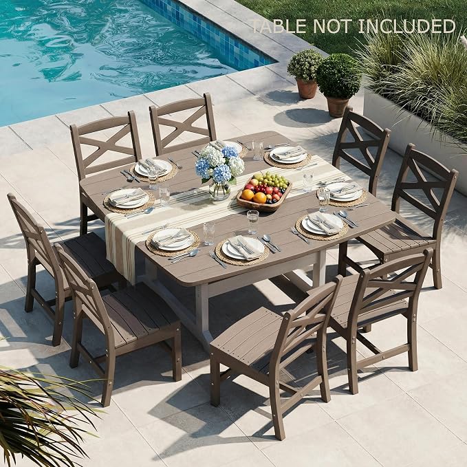 Outdoor Armless Dining Chairs Set of 8,HDPE Patio Chairs with Wide Seat,All-Weather HDPE Patio Armless Chairs for Porch, Backyard, Deck, White Brown, Table not Included