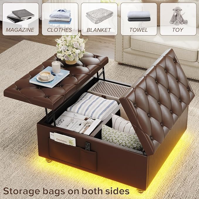 Dnxao Leather Ottoman with Storage,Lift Top Tufted Upholstered Ottoman Coffee Table with LED Lights and Charging Station, Ottomans for Living Room with 2 Side Pockets,Tray Included,PU Brown