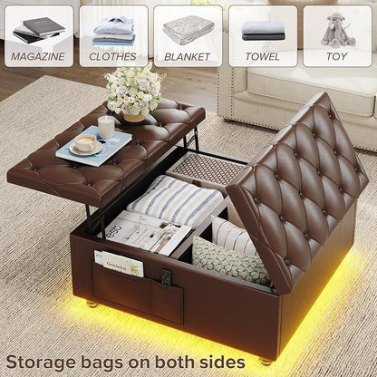 Dnxao Leather Ottoman with Storage,Lift Top Tufted Upholstered Ottoman Coffee Table with LED Lights and Charging Station, Ottomans for Living Room with 2 Side Pockets,Tray Included,PU Brown