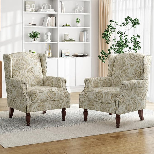 Pia Ricco Set of 2 Floral Accent Chairs, High Back Upholstered Armchairs with Retro Wingback Design, Nailhead Trim & Solid Wood Legs for Living Room Bedroom Home Office(Flower White)