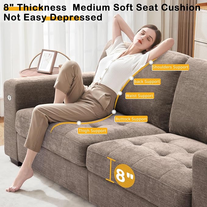Hanherry Sofa for Living Room, Modern Comfy Sofa with Medium Firm Seat Cushion, Removable Cover,Wide Armrest,USB/Type-C Port,Chenille Fabric Couches for Small Space,Apartment (Brown, 89 inch)