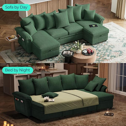 LINSY HOME Oversized Sectional Sleeper Sofa with Pull Out Couch Bed (Green, 118.5'') | USB Charging