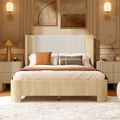 Full Size Upholstered Platform Bed Frame with Wingback Headboard, Motion-Sensing LED Lights, Sturdy Slats, Mattress-Lock Footboard, PU Leather,No Box Spring Needed, Easy Assembly, Whitewashed Oak
