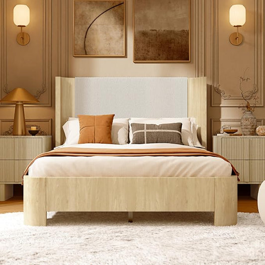 Full Size Upholstered Platform Bed Frame with Wingback Headboard, Motion-Sensing LED Lights, Sturdy Slats, Mattress-Lock Footboard, PU Leather,No Box Spring Needed, Easy Assembly, Whitewashed Oak