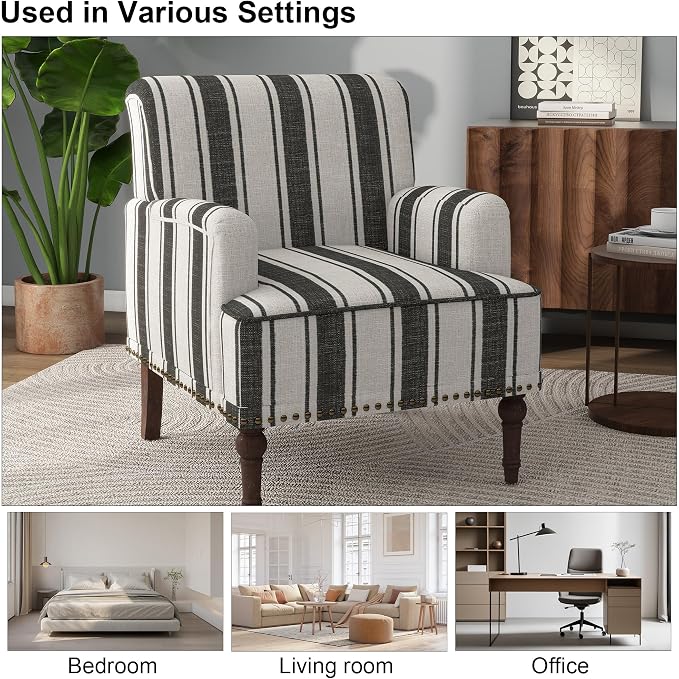Accent Chair, Mid Century Modern Comfy Armchair for Living Room, Linen Fabric Single Sofa Lounge for Reading Bedroom Apartment Waiting Room with Wood Legs (Black Stripe, Set of 2)