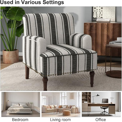 Accent Chair, Mid Century Modern Comfy Armchair for Living Room, Linen Fabric Single Sofa Lounge for Reading Bedroom Apartment Waiting Room with Wood Legs (Black Stripe, Set of 2)