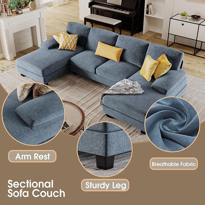 Furmax Sectional Couches for Living Room, U-Shaped Sofa Couch with Linen Fabric, 4 Seat Sofa Set with Double Chaise for Apartment (Chenille, Light Blue)