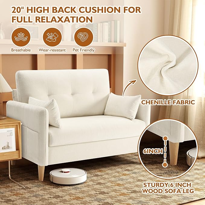 Urhanherry 47" Small Sofa Couch, Soft Chenille loveseat Mini Couch with Throw Pillow and Removable Cushion Cover for Small Spaces, Bedroom, Apartment, Dorm, Office, Living Room(Beige)