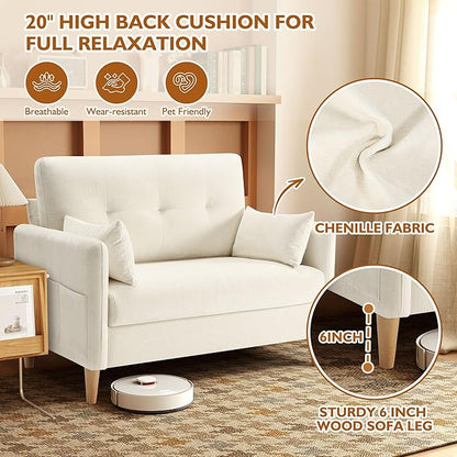 Urhanherry 47" Small Sofa Couch, Soft Chenille loveseat Mini Couch with Throw Pillow and Removable Cushion Cover for Small Spaces, Bedroom, Apartment, Dorm, Office, Living Room(Beige)