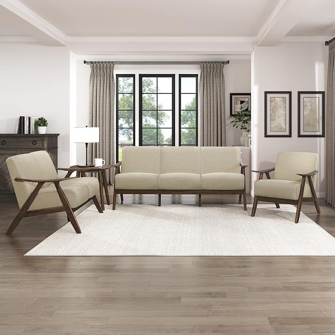 Lexicon Mid Century Modern Accent Chair with Solid Wood Frame in Walnut Finish, Upholstered Living Room Lounge Arm Chair, Thick and Comfy Innerspring Seat Cushion, Linen-Look Fabric, Light Brown