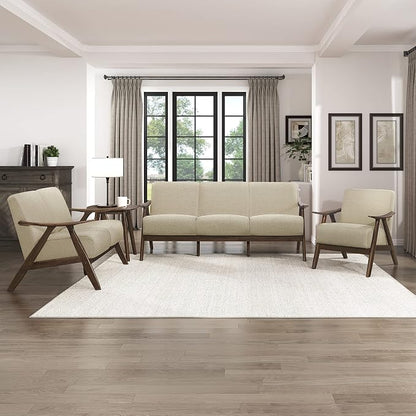 Lexicon Mid Century Modern Accent Chair with Solid Wood Frame in Walnut Finish, Upholstered Living Room Lounge Arm Chair, Thick and Comfy Innerspring Seat Cushion, Linen-Look Fabric, Light Brown