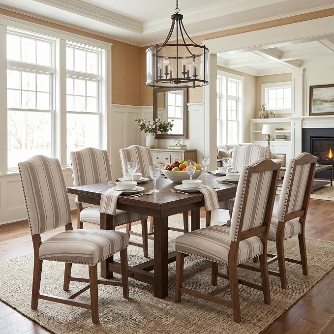 ROCITY Linen Dining Chairs Set of 4 Upholstered Farmhouse Dining Room Chairs Kitchen Side Chairs with Wooden Legs&Nailhead Trim, Beige with Brown Stripe