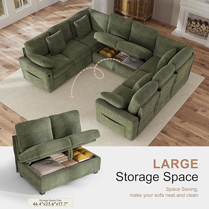 Hanherry Sectional Sofa with Pull Out Couch Bed,Corduroy Sleeper Sofa with 2 Seat Storage & USB Charging,Comfy Modular Couches for Living Room,Apartment