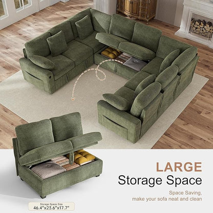 Hanherry Sectional Sofa with Pull Out Couch Bed,Corduroy Sleeper Sofa with 2 Seat Storage & USB Charging,Comfy Modular Couches for Living Room,Apartment