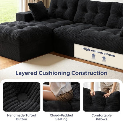 MAXYOYO 96" L Shaped Modular Sectional Sofa with Ottoman, Cloud Boneless Couch with Layered Cushion, Upholstered Sofa in a Box, Flexible Module Combination for Living Room, No Assembly, Black